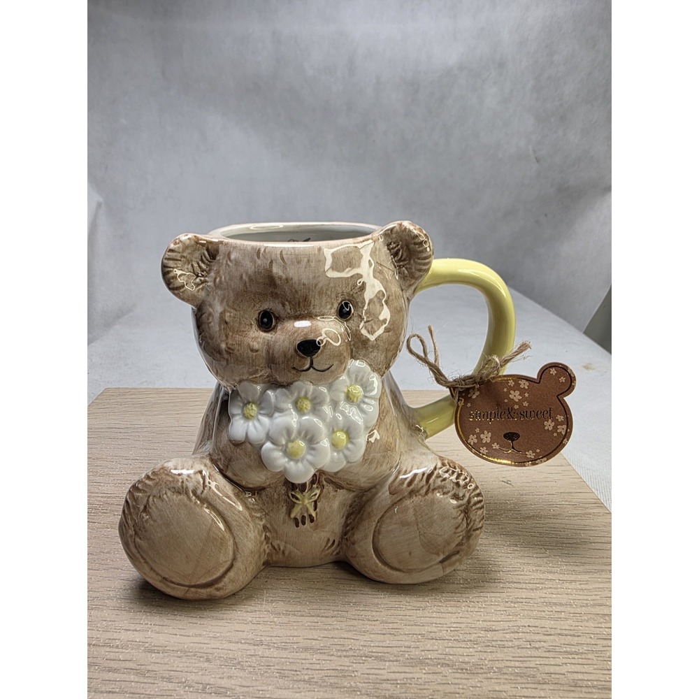 Simple & Sweet Teddy Bear Figural Mug 30oz Brown Ceramic Daisy Flower Oversized